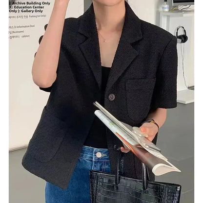 Jungle Line women's Korean style suit jacket with lapel, single-breasted design, multiple pockets, short sleeves, loose fit, summer fashion