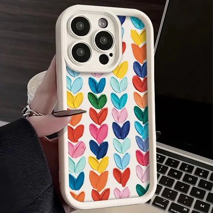 Lovely Rainbow Love Heart Soft Silicone Case for iPhone 14 15 Pro Max 13 12 11 X XS XR 7 8 Plus SE 2020 Shockproof Back Cover - Jungle Line