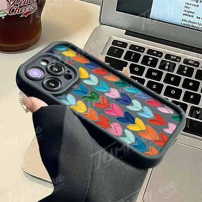 Lovely Rainbow Love Heart Soft Silicone Case for iPhone 14 15 Pro Max 13 12 11 X XS XR 7 8 Plus SE 2020 Shockproof Back Cover - Jungle Line