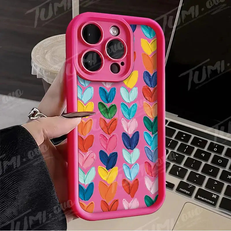 Lovely Rainbow Love Heart Soft Silicone Case for iPhone 14 15 Pro Max 13 12 11 X XS XR 7 8 Plus SE 2020 Shockproof Back Cover - Jungle Line