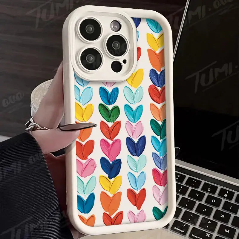 Lovely Rainbow Love Heart Soft Silicone Case for iPhone 14 15 Pro Max 13 12 11 X XS XR 7 8 Plus SE 2020 Shockproof Back Cover - Jungle Line