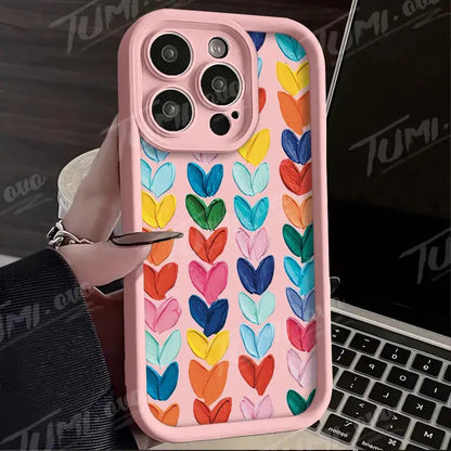 Lovely Rainbow Love Heart Soft Silicone Case for iPhone 14 15 Pro Max 13 12 11 X XS XR 7 8 Plus SE 2020 Shockproof Back Cover - Jungle Line
