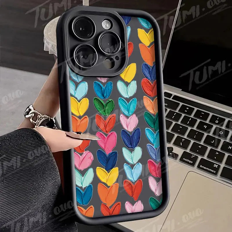 Lovely Rainbow Love Heart Soft Silicone Case for iPhone 14 15 Pro Max 13 12 11 X XS XR 7 8 Plus SE 2020 Shockproof Back Cover - Jungle Line