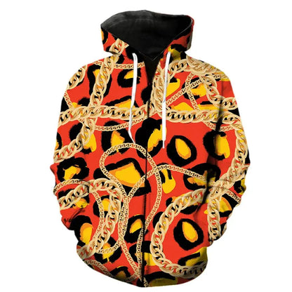 Leopard print zipper hoodie by Jungle Line featuring a bold fashion pattern and comfortable fit, shown in a 2XL size.