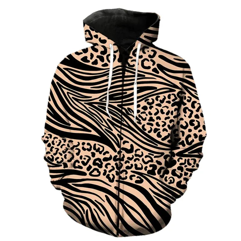 Leopard print zipper hoodie from Jungle Line featuring bold fashion pattern, long sleeves, and front zipper closure.