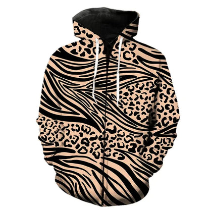Leopard print zipper hoodie from Jungle Line featuring bold fashion pattern, long sleeves, and front zipper closure.