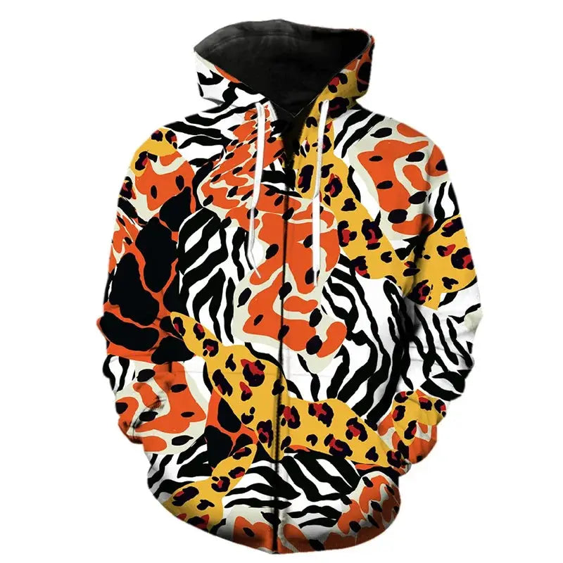 Leopard print zipper hoodie by Jungle Line with fashion pattern, long sleeves, and front zipper, in size 2XL.