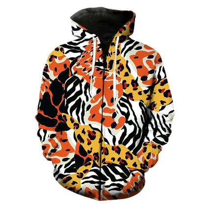 Leopard print zipper hoodie by Jungle Line with fashion pattern, long sleeves, and front zipper, in size 2XL.