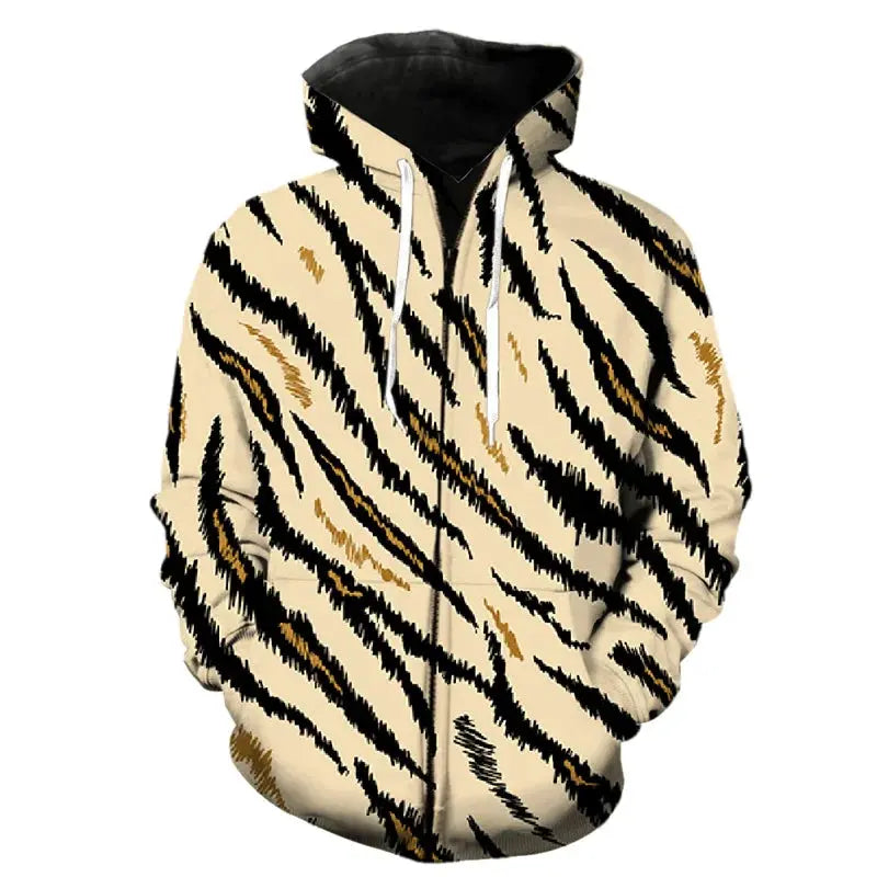 Leopard print zipper hoodie by Jungle Line featuring a stylish fashion pattern, shown in size 2XL on a mannequin.