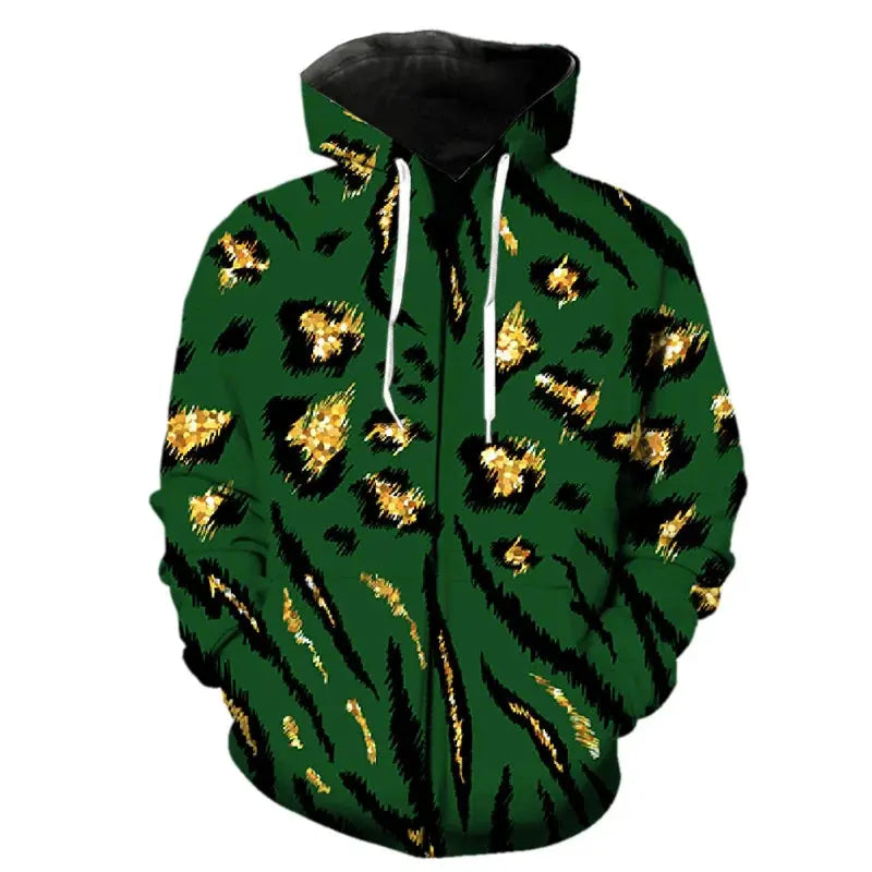 Jungle Line leopard print zipper hoodie in black and beige, casual fashion hoodie with a bold pattern, size 2XL.