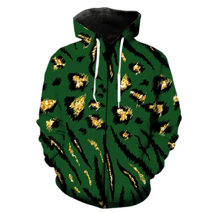 Jungle Line leopard print zipper hoodie in black and beige, casual fashion hoodie with a bold pattern, size 2XL.