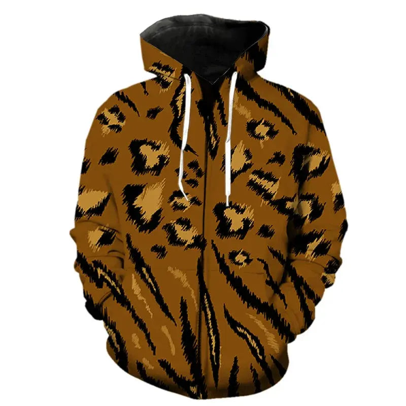 Leopard print zipper hoodie from Jungle Line featuring a stylish fashion pattern and casual fit, shown in a 2XL size.