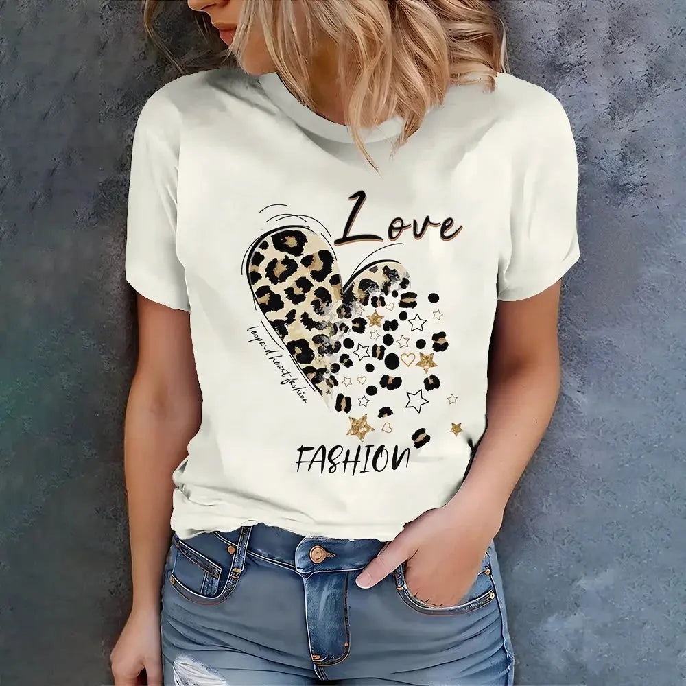 Leopard Heart And "LOVE FASHION" Design Women's White T-shirt - Modern Casual Style Summer Round Neck Short Sleeve - Jungle Line