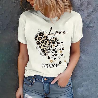 Leopard Heart And "LOVE FASHION" Design Women's White T-shirt - Modern Casual Style Summer Round Neck Short Sleeve - Jungle Line