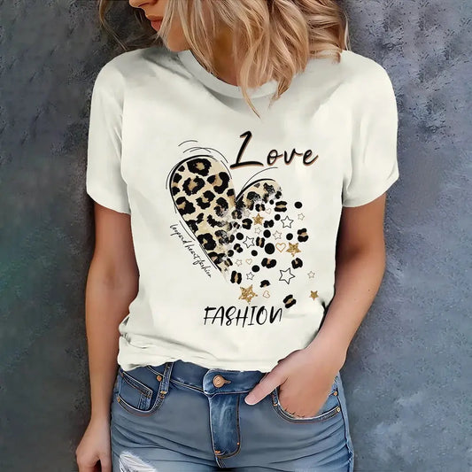 Leopard Heart And "LOVE FASHION" Design Women's White T-shirt - Modern Casual Style Summer Round Neck Short Sleeve - Jungle Line