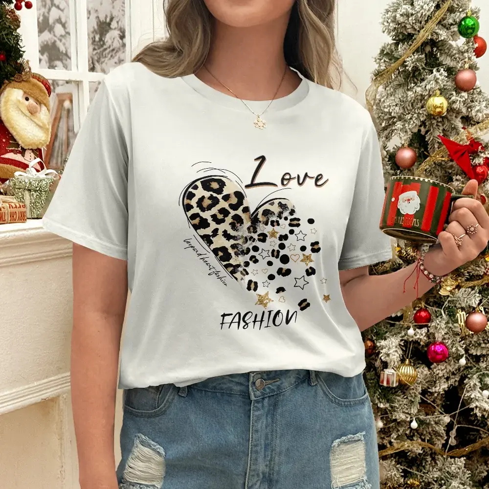 Leopard Heart And "LOVE FASHION" Design Women's White T-shirt - Modern Casual Style Summer Round Neck Short Sleeve - Jungle Line