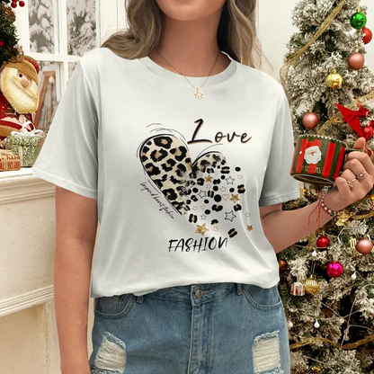 Leopard Heart And "LOVE FASHION" Design Women's White T-shirt - Modern Casual Style Summer Round Neck Short Sleeve - Jungle Line