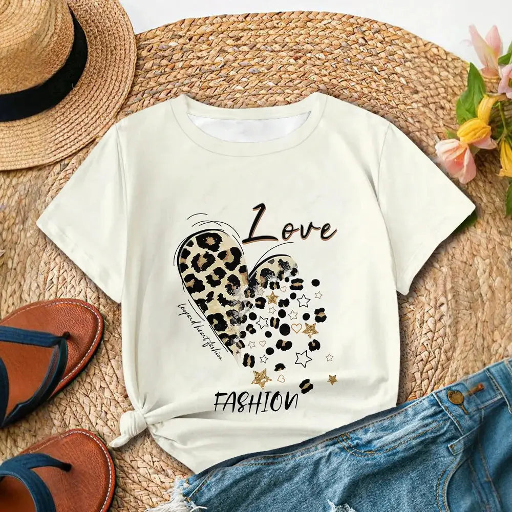 Leopard Heart And "LOVE FASHION" Design Women's White T-shirt - Modern Casual Style Summer Round Neck Short Sleeve - Jungle Line