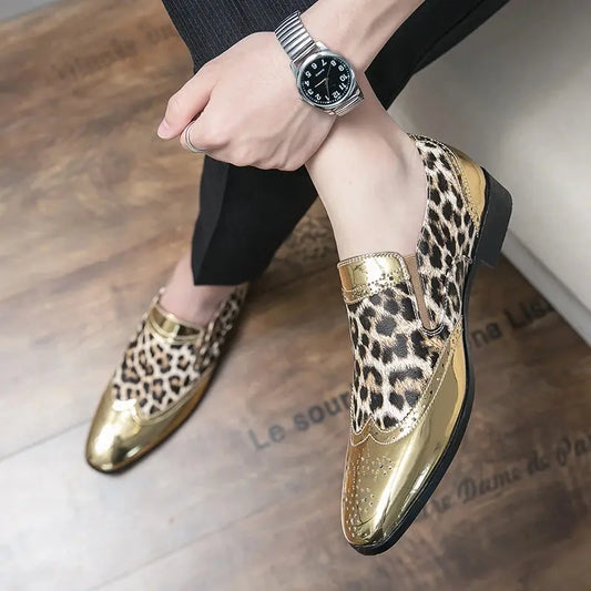 Designer  Leopard Print Patchwork Leather Shoes Jungle Line