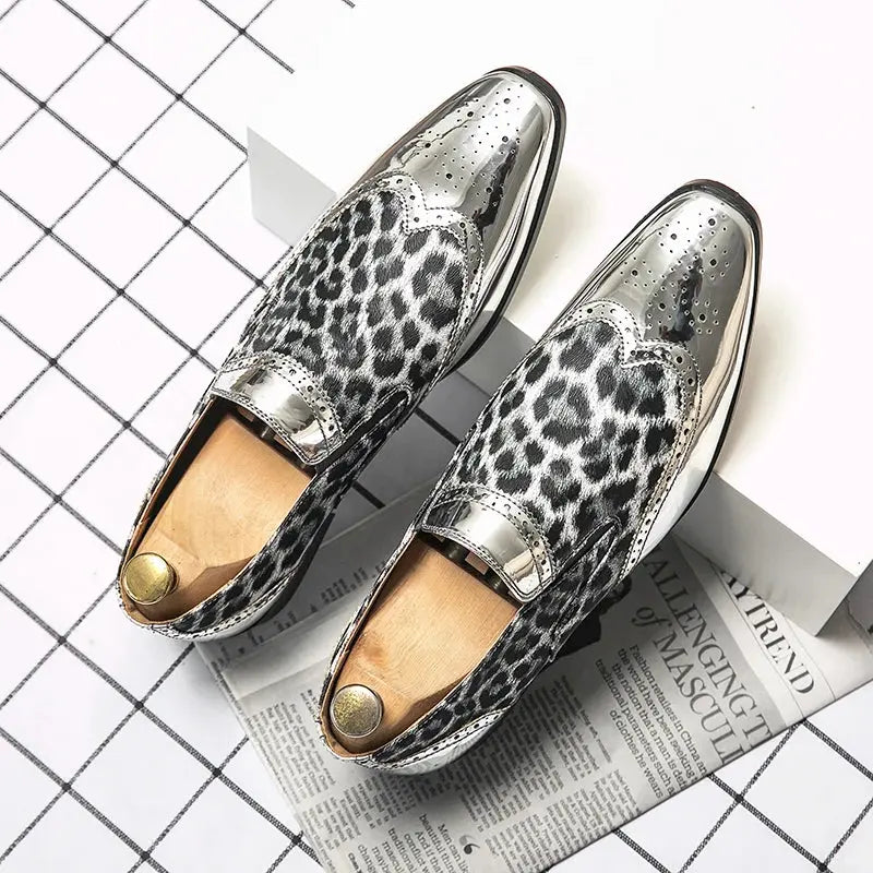 Designer  Leopard Print Patchwork Leather Shoes Jungle Line