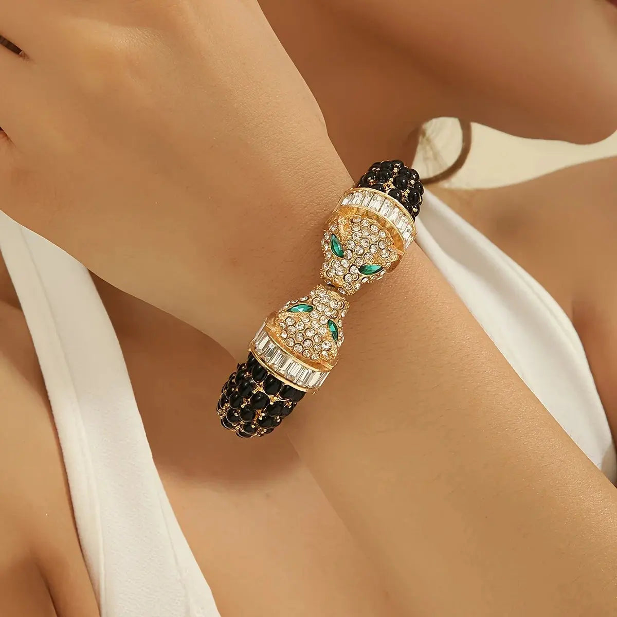 Vintage Luxury Full Rhinestone Double-Headed Leopard from Jungle Line, gold-colored, featuring detailed rhinestone embellishments.