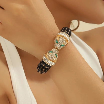 Vintage Luxury Full Rhinestone Double-Headed Leopard from Jungle Line, gold-colored, featuring detailed rhinestone embellishments.
