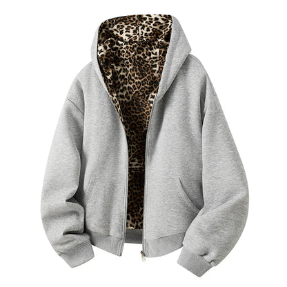 Sweat à capuche pour homme Jungle Line, réversible avec motif léopard, poches, zip, design double face en gris, taille XL.