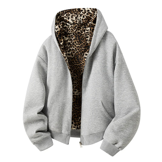 Sweat à capuche pour homme Jungle Line, réversible avec motif léopard, poches, zip, design double face en gris, taille XL.