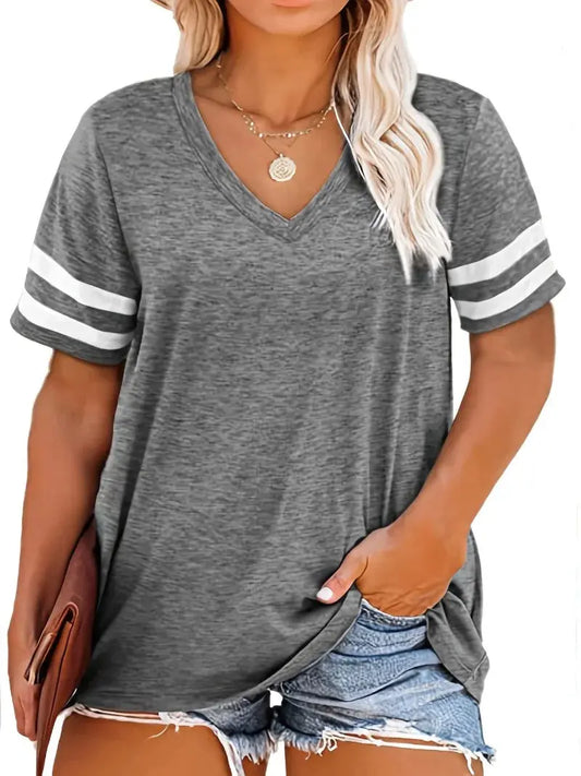 Women's Plus Size 1XL-8XL Casual V-neck Short Sleeved Solid Color Loose T-shirt Sports Outdoor Top Women Clothing - Jungle Line