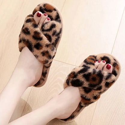 Sexy Cross Leopard Plush Women Slippers Lightweight Soft Sole Cotton Slides Autumn Winter Open-toe Warm Flat Heel Flip Flops - Jungle Line