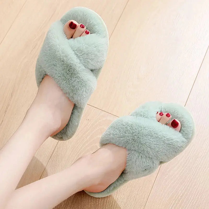 Sexy Cross Leopard Plush Women Slippers Lightweight Soft Sole Cotton Slides Autumn Winter Open-toe Warm Flat Heel Flip Flops - Jungle Line