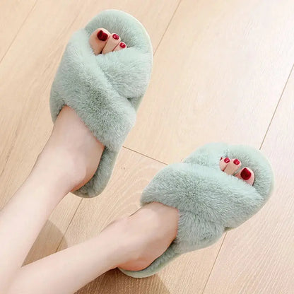 Sexy Cross Leopard Plush Women Slippers Lightweight Soft Sole Cotton Slides Autumn Winter Open-toe Warm Flat Heel Flip Flops - Jungle Line