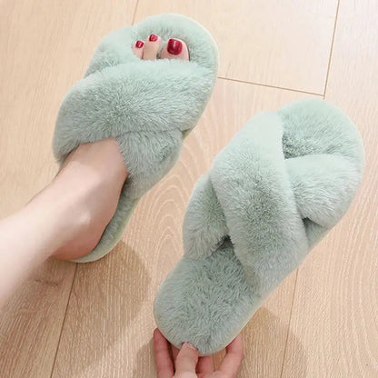 Sexy Cross Leopard Plush Women Slippers Lightweight Soft Sole Cotton Slides Autumn Winter Open-toe Warm Flat Heel Flip Flops - Jungle Line