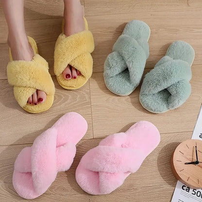 Sexy Cross Leopard Plush Women Slippers Lightweight Soft Sole Cotton Slides Autumn Winter Open-toe Warm Flat Heel Flip Flops - Jungle Line