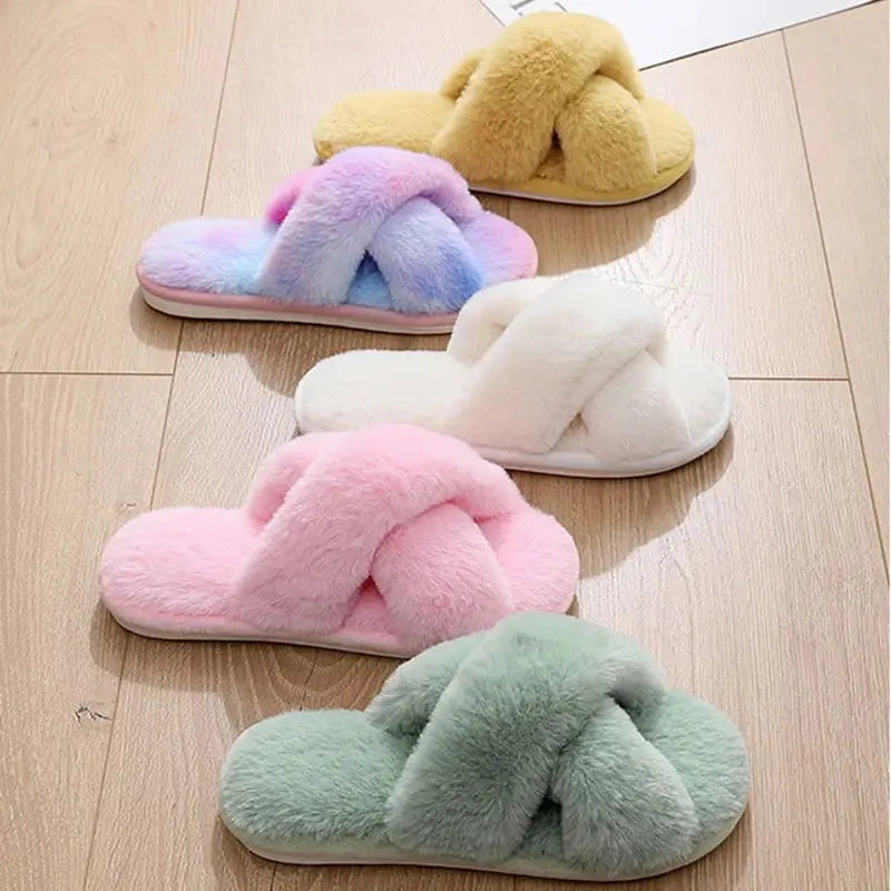 Sexy Cross Leopard Plush Women Slippers Lightweight Soft Sole Cotton Slides Autumn Winter Open-toe Warm Flat Heel Flip Flops - Jungle Line