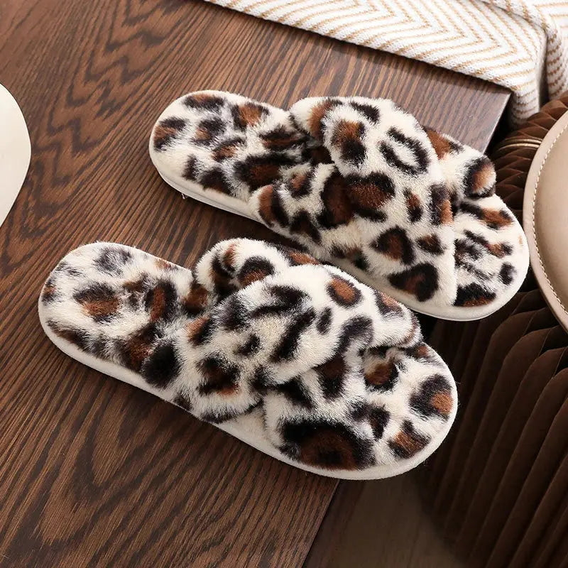 Sexy Cross Leopard Plush Women Slippers Lightweight Soft Sole Cotton Slides Autumn Winter Open-toe Warm Flat Heel Flip Flops - Jungle Line