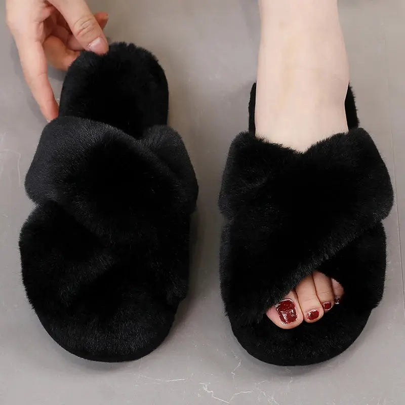 Sexy Cross Leopard Plush Women Slippers Lightweight Soft Sole Cotton Slides Autumn Winter Open-toe Warm Flat Heel Flip Flops - Jungle Line