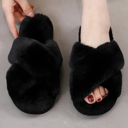 Sexy Cross Leopard Plush Women Slippers Lightweight Soft Sole Cotton Slides Autumn Winter Open-toe Warm Flat Heel Flip Flops - Jungle Line