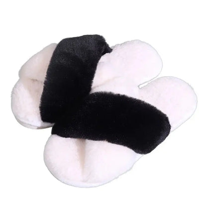 Sexy Cross Leopard Plush Women Slippers Lightweight Soft Sole Cotton Slides Autumn Winter Open-toe Warm Flat Heel Flip Flops - Jungle Line