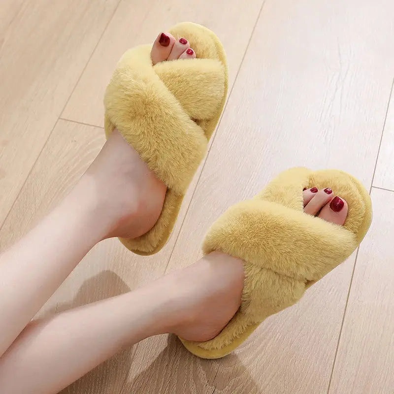 Sexy Cross Leopard Plush Women Slippers Lightweight Soft Sole Cotton Slides Autumn Winter Open-toe Warm Flat Heel Flip Flops - Jungle Line