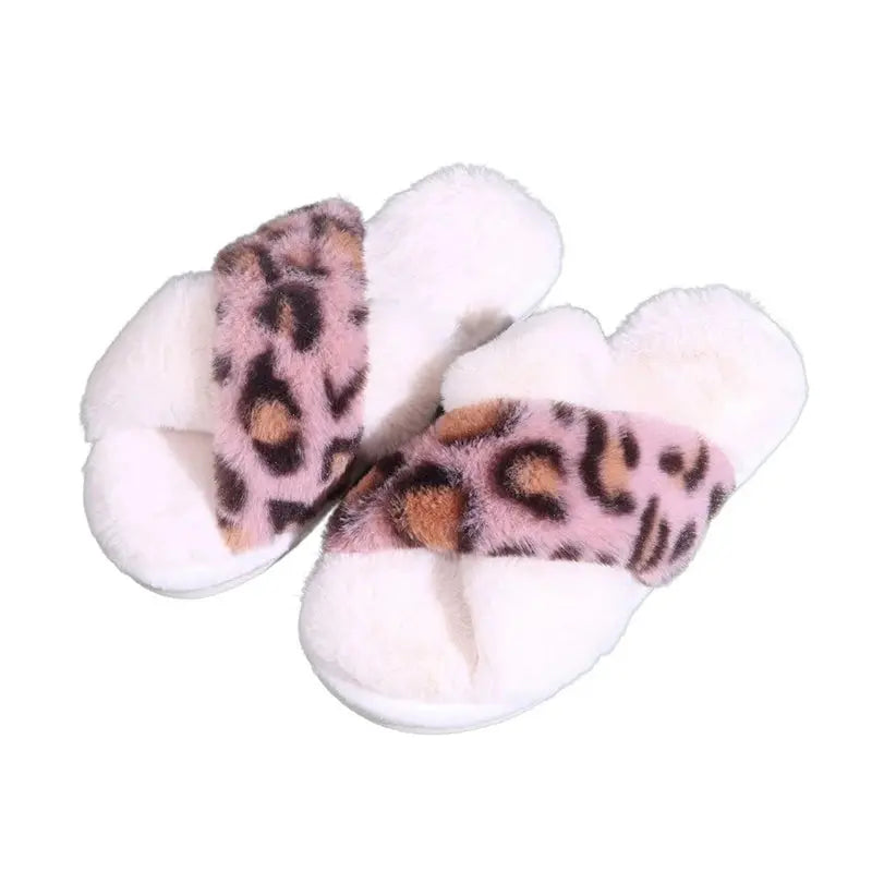 Sexy Cross Leopard Plush Women Slippers Lightweight Soft Sole Cotton Slides Autumn Winter Open-toe Warm Flat Heel Flip Flops - Jungle Line