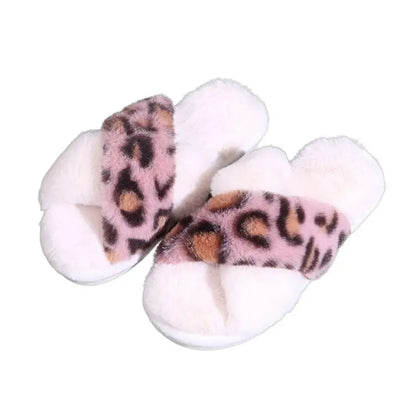 Sexy Cross Leopard Plush Women Slippers Lightweight Soft Sole Cotton Slides Autumn Winter Open-toe Warm Flat Heel Flip Flops - Jungle Line