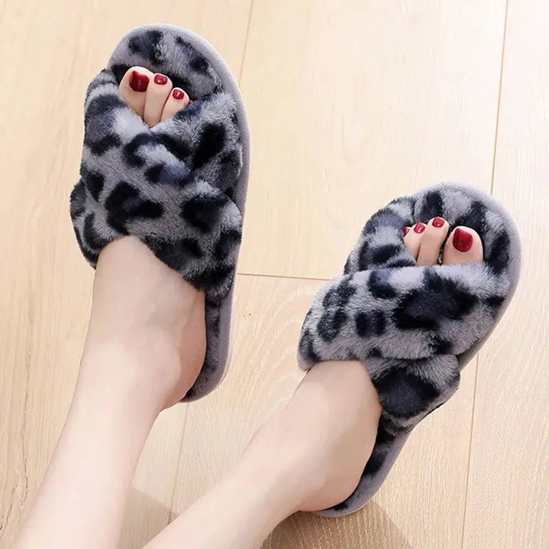 Sexy Cross Leopard Plush Women Slippers Lightweight Soft Sole Cotton Slides Autumn Winter Open-toe Warm Flat Heel Flip Flops - Jungle Line