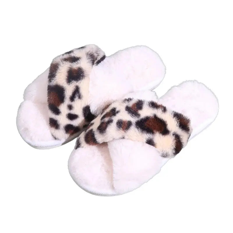 Sexy Cross Leopard Plush Women Slippers Lightweight Soft Sole Cotton Slides Autumn Winter Open-toe Warm Flat Heel Flip Flops - Jungle Line