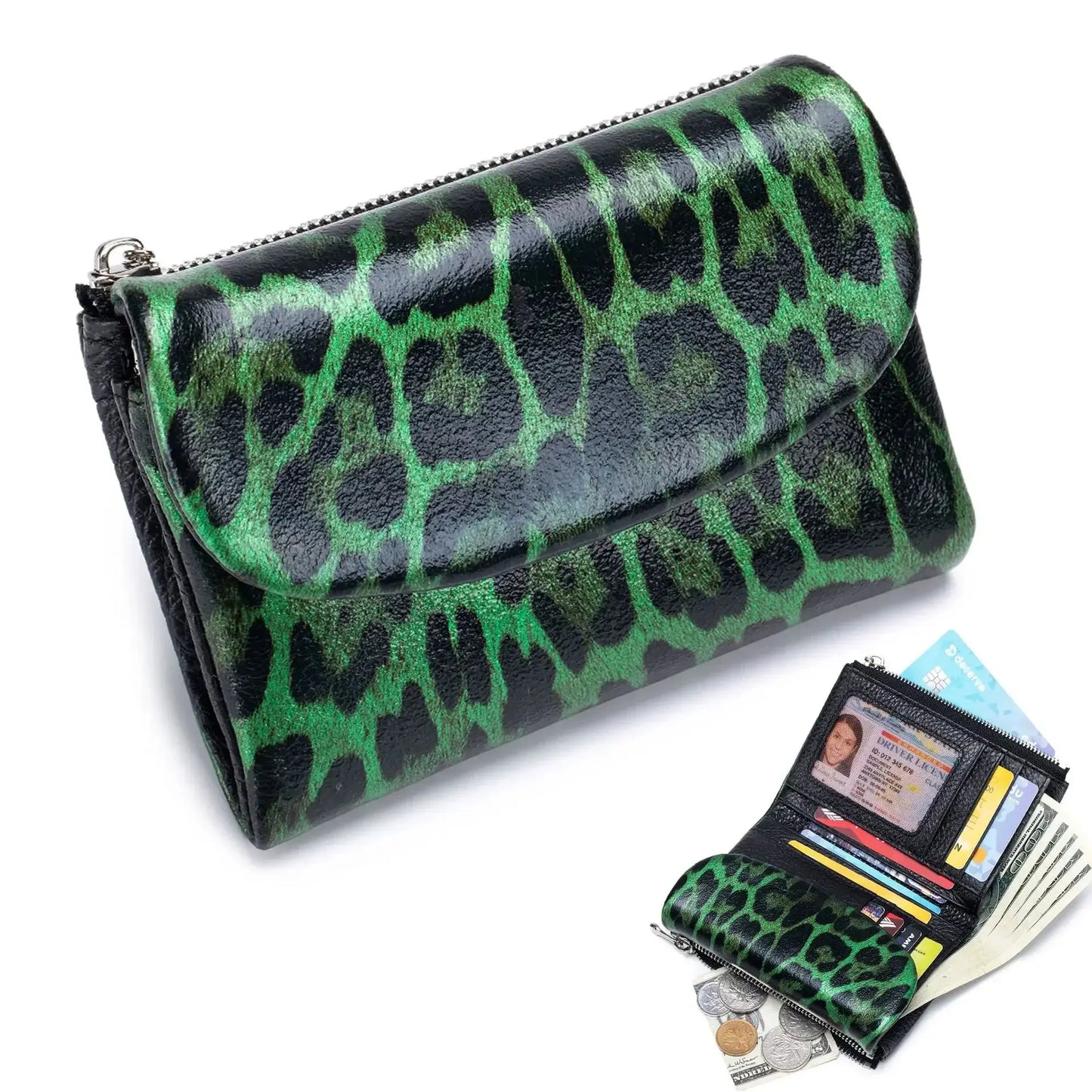 Female Coin Purse Genuine Leather Short Women Wallet - Jungle Line
