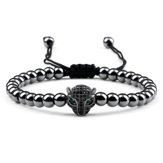 Bracelet Jungle Line avec pendentif tête de léopard en cuivre de 5 mm, perles en cuivre noir, style sauvage et élégant.