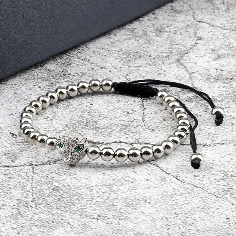 Bracelet avec tête de léopard en cuivre, perles de 5 mm, bracelet Jungle Line avec charms de tête de léopard.