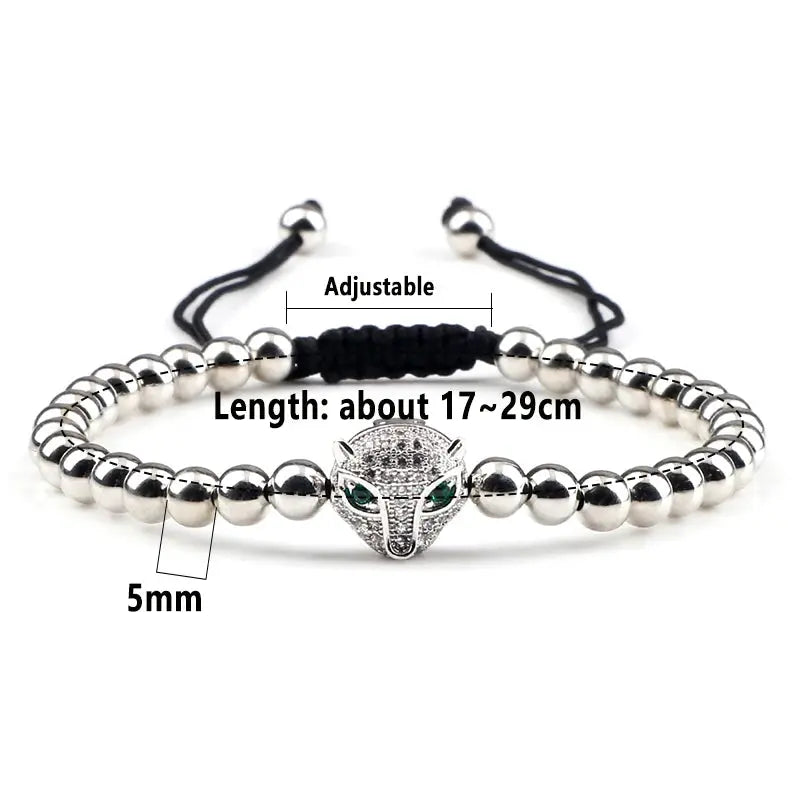 Bracelet Jungle Line avec pendentif tête de léopard en cuivre et perles de 5mm, style sauvage et élégant.