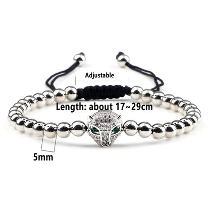 Bracelet Jungle Line avec pendentif tête de léopard en cuivre et perles de 5mm, style sauvage et élégant.