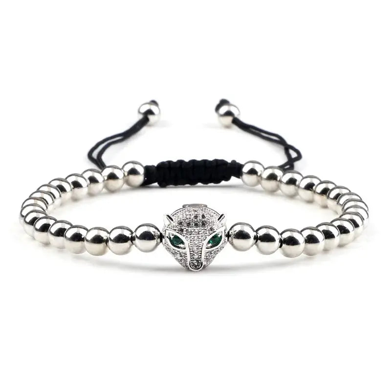 Bracelet avec pendentif tête de léopard, perles en cuivre de 5 mm, bracelet Jungle Line, style sauvage et élégant.